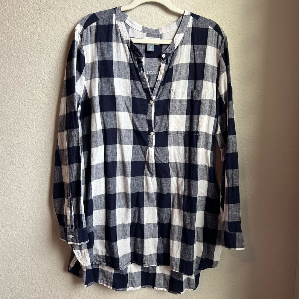Old Navy Linen Plaid Tunic, XL, Blue Buffalo